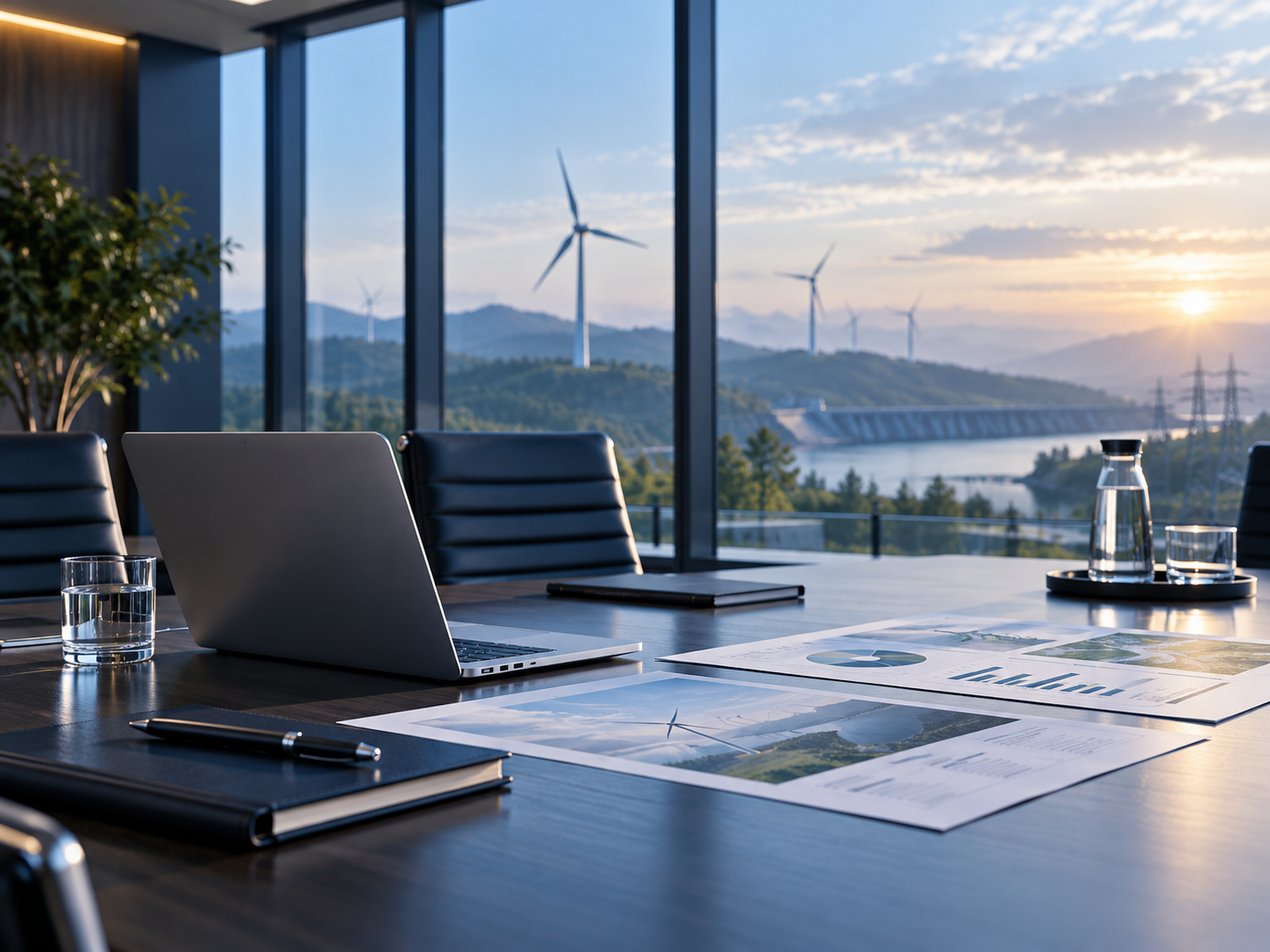Konferenzraum mit Blick auf Windenergie und Infrastruktur